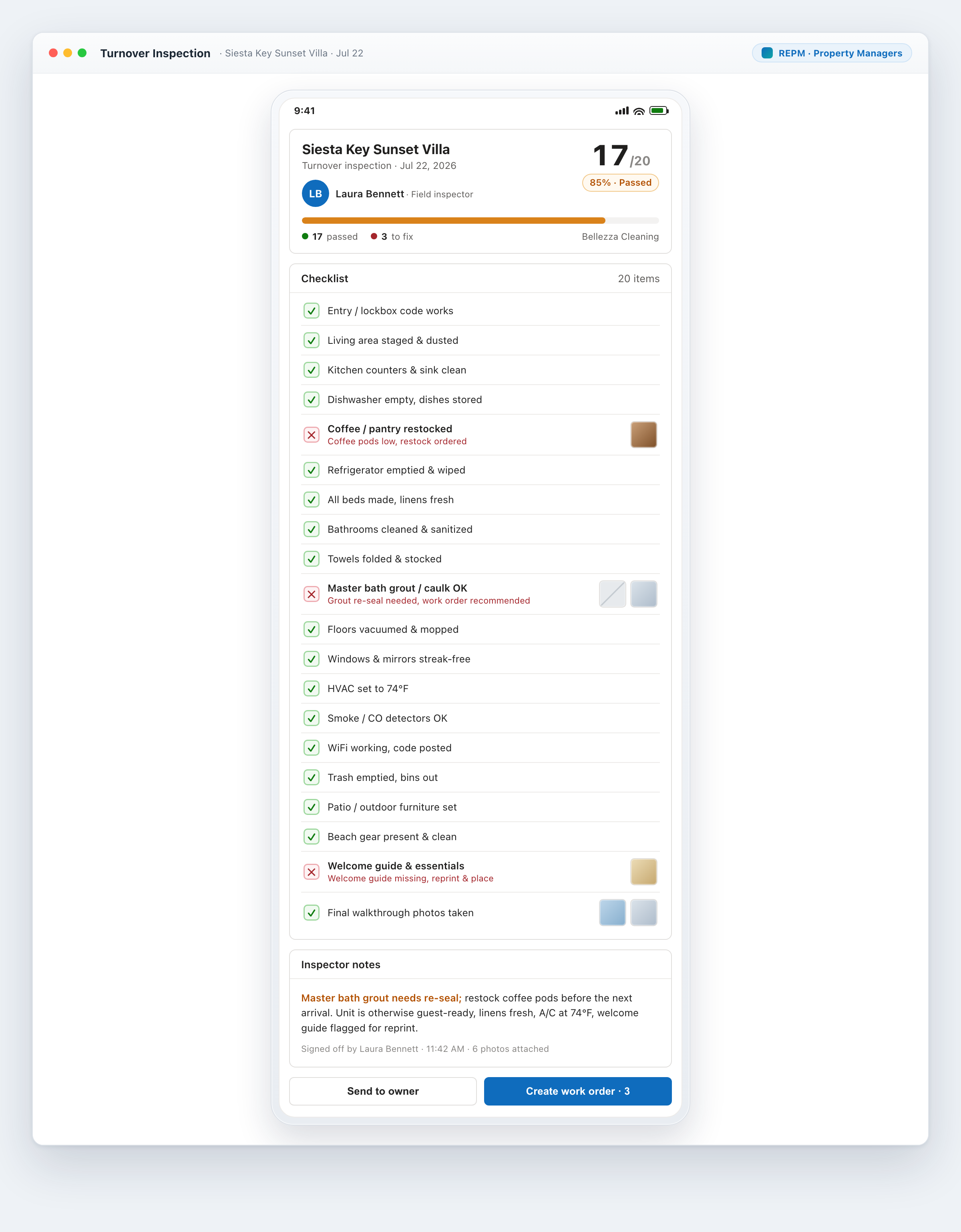 REPM mobile turnover inspection checklist with 17 of 20 items passed, flagged items and photos
